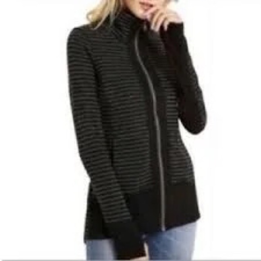 CABI Sprint Striped Jacket Sz. M #3378 Full Zip Up Curved Back Hem Black Sporty
